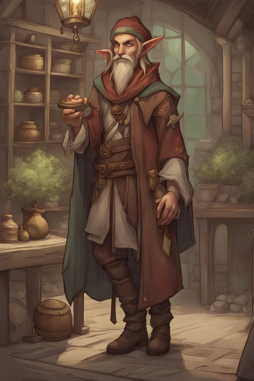 A DnD character. A Elf merchant.