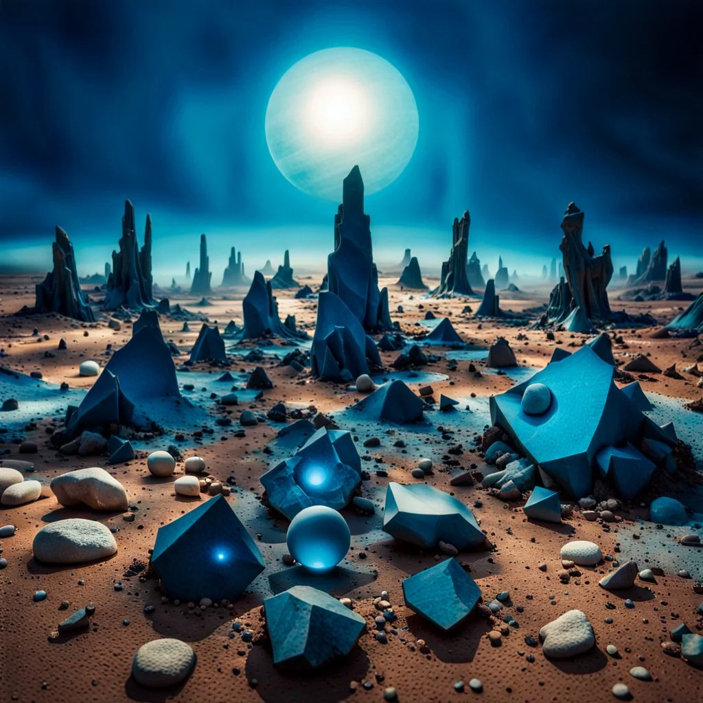 A striking photograph captures a surreal wasteland with group of metaphysical shapes, adorned with minerals and rocks. Bathed in intense light, eerie, giant blue sun, 8k, deep 3d field, nothingness, strong texture, extreme paranoia, hypnotic, Yves Tanguy, colours, rich moody colors, bokeh, 33mm photography