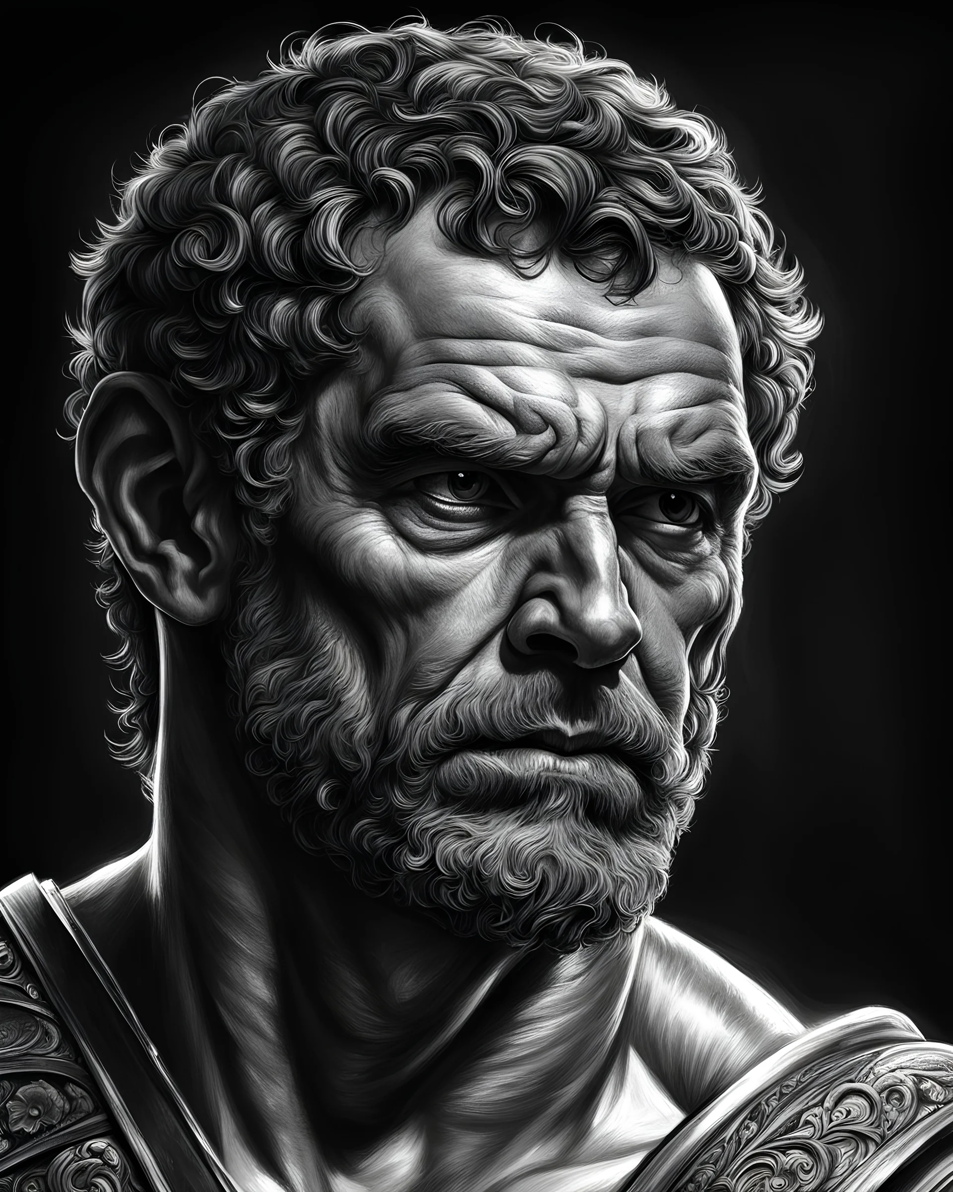 Brutus ,in ancient rome , with blade, Chiaroscuro, hyper realism, realistic, highly detailed, high contrast black and white, sharp