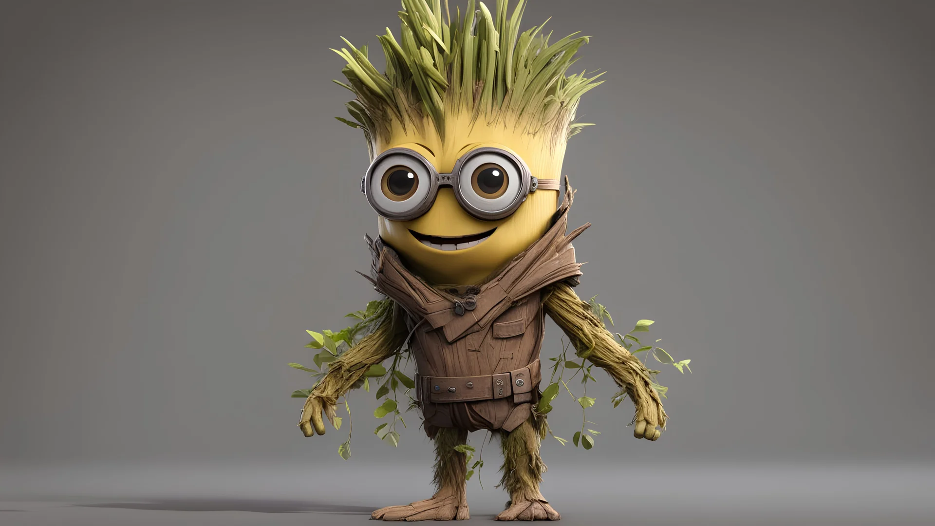 a minion dressed as groot from marvel Fused as one, Full Body, (Smile), Unreal Engine, Marvel Comics. time-lapse, cinematic background,1 character,no mask,body minion,smile,cute,backgroun lighting