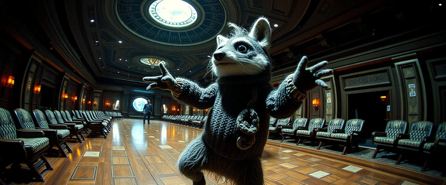 pin hole cam, knitted fluffy mean wolf alien gremlin badger star ship bridge captain dancing in a big hall in the style of Rembrandt and Escher and Dali