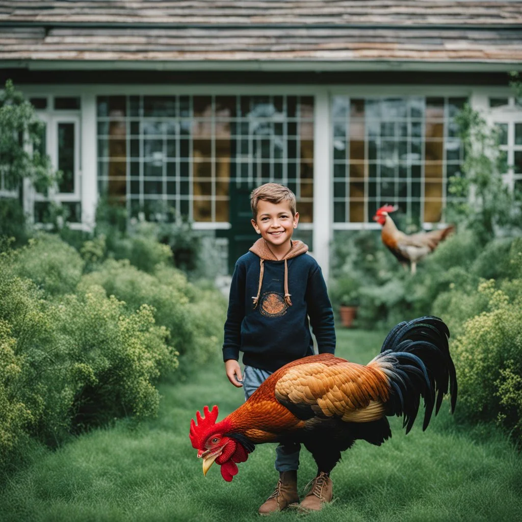 Niño con un gallo gigante