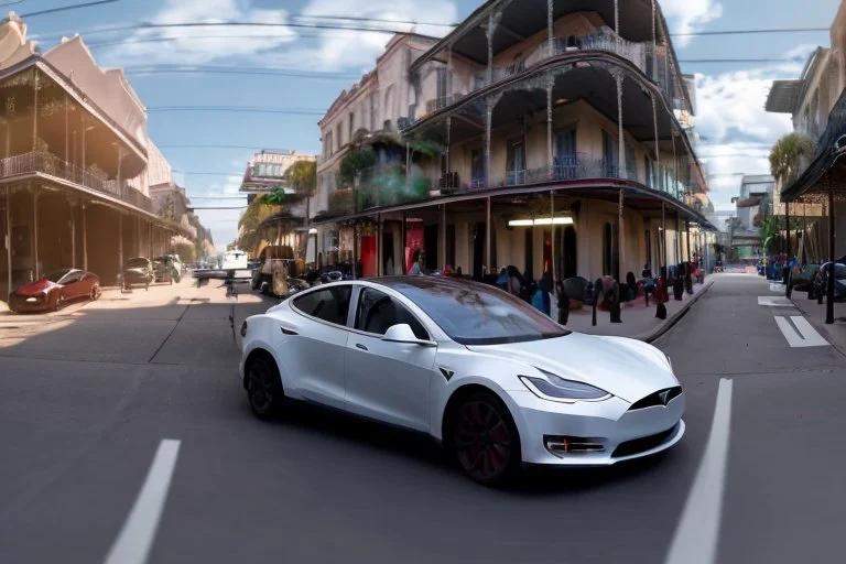 A Tesla 'Model S' is drifting at high speeds, on the streets of New Orleans. (CINEMATIC, WIDE ANGLE LENS, PHOTO REAL)