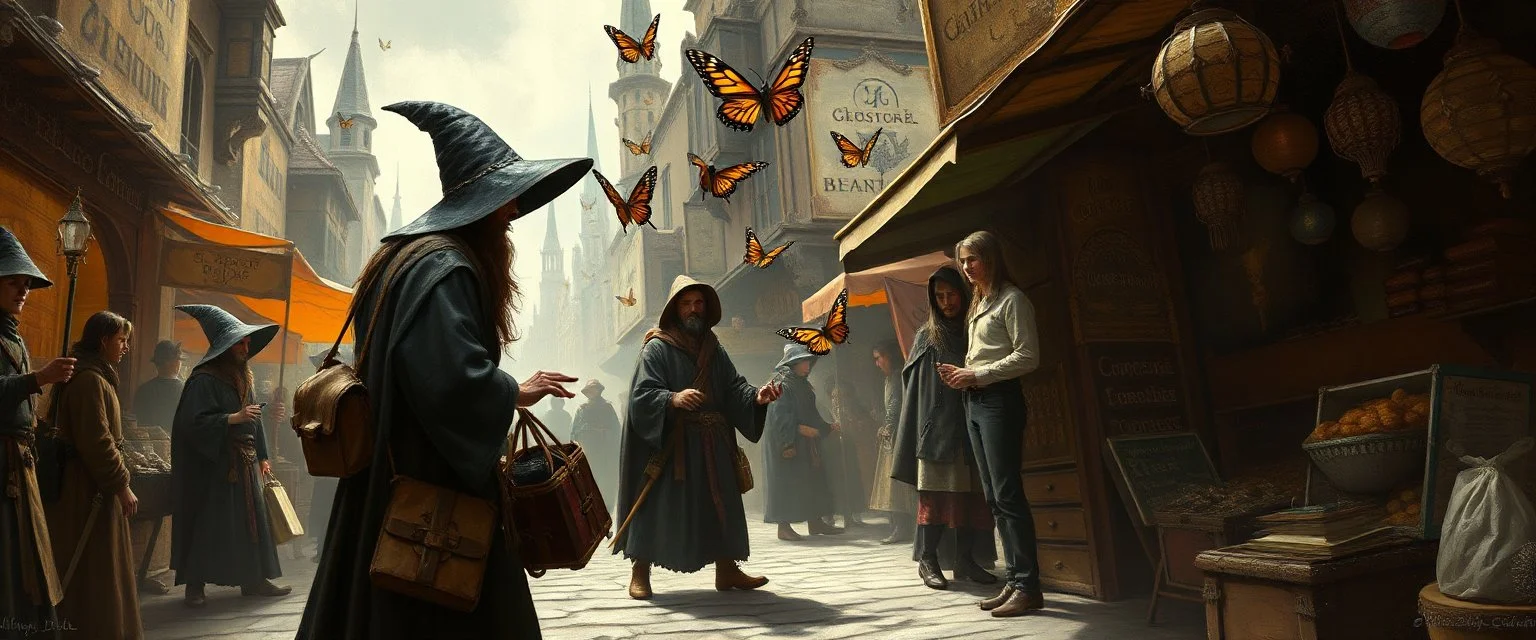 fantasy art, style of Rembrandt,Student prank gone wrong: Apprentice wizards from the Conclave of Silverymoon accidentally conjure a mischievous minor illusion (e.g., a swarm of butterflies or a caustic pheasant) in the market.