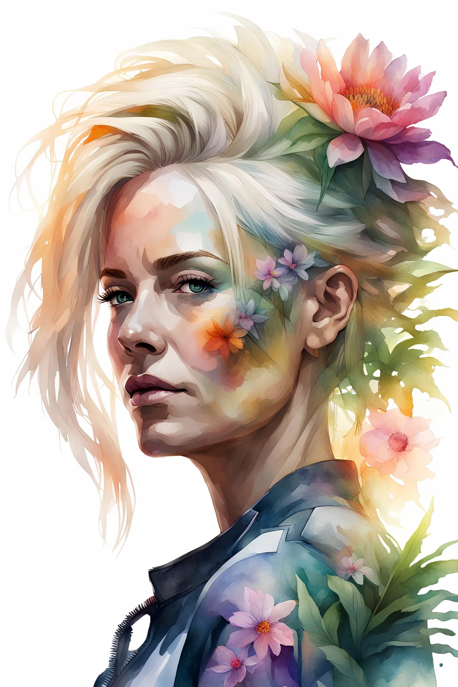 white background, cyberpunk, watercolor, Woman 48 years old, blonde, portrait painting, acrylic, summer sunset, plant hair, flower clothes, double exposure, fine rendering, high detail, high resolution, 8K