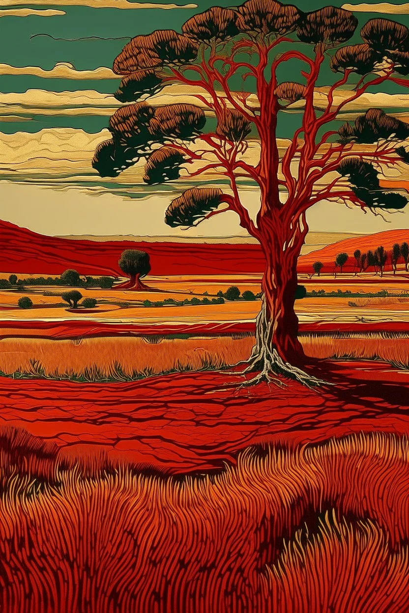 A red grassland plain with cypress trees designed in Navajo woven art painted by Vincent van Gogh
