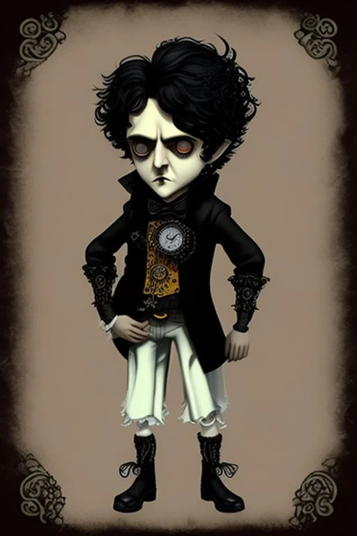 black haired black eyed young man necromancer steampunk Gnome that looks like a young Edgar Allan Poe with gothic jewelry in the style of Charles Addams