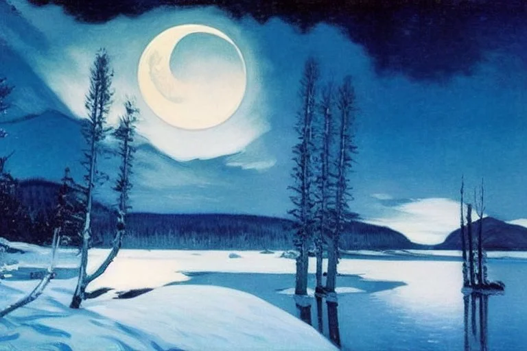 Night, Moon, distant mountains, pine trees, lagoon, lagoon reflections, winter, ice, snowy land, gustave caillebotte impressionism painting