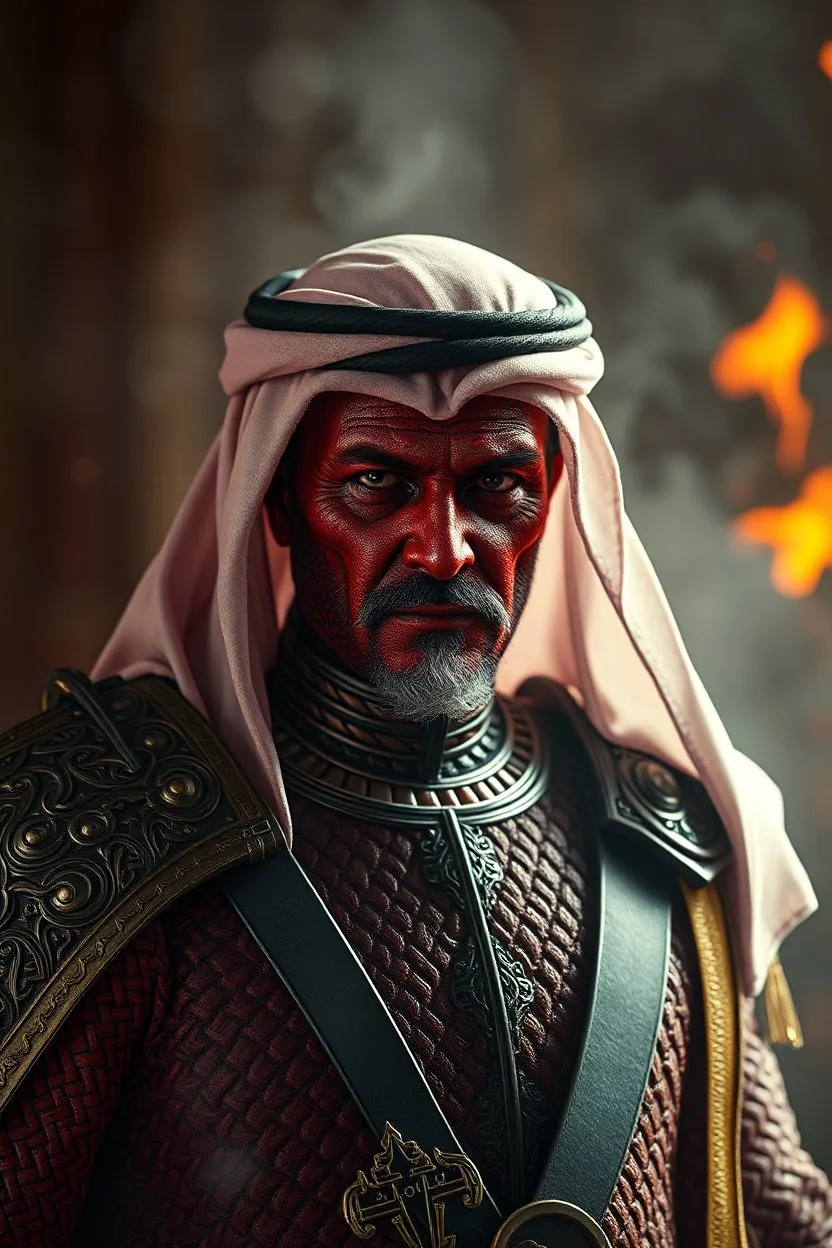 President Al Saddat, red skin, scales, unreal engine 6, high detail, intricate, cinematic. photoshoot style, intricate, studio lighting, masterpiece , highly detailed, 8k, best quality, fire, smoke, dramatic,d,<lora:mshn:0.7>,<lyco:Warrior_Couture:0.5>,