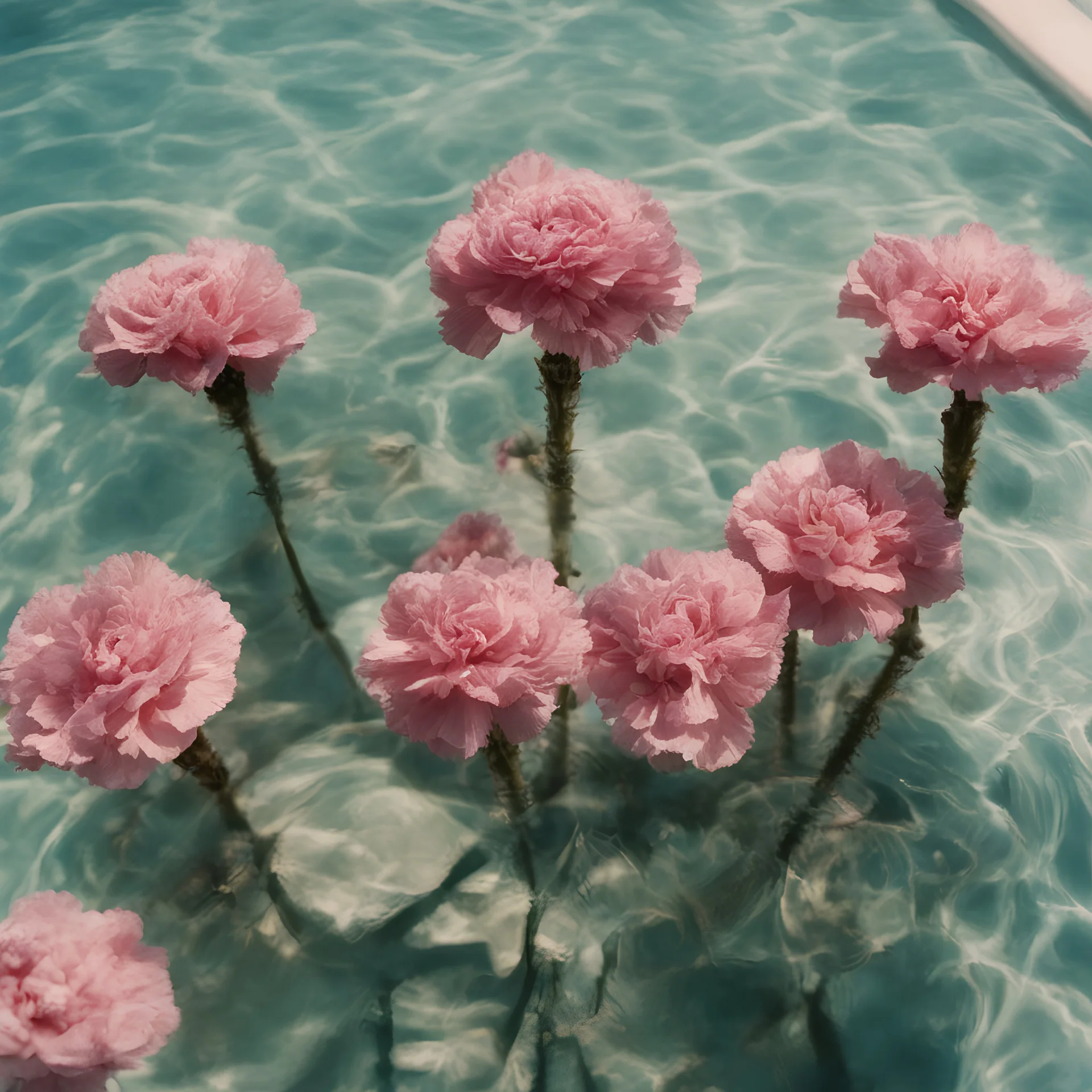 Carnations in a swimming pool, old kodachrome, sunny day