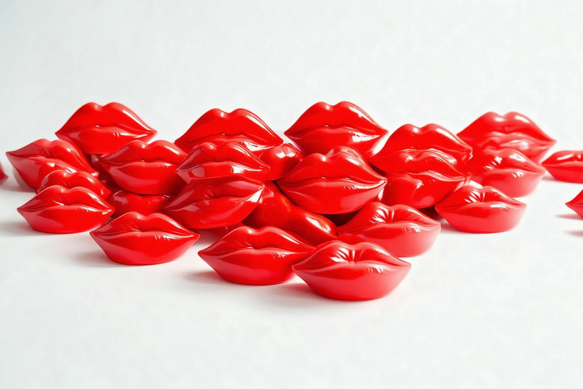 A pile of red plastic closed lips in an empty white room