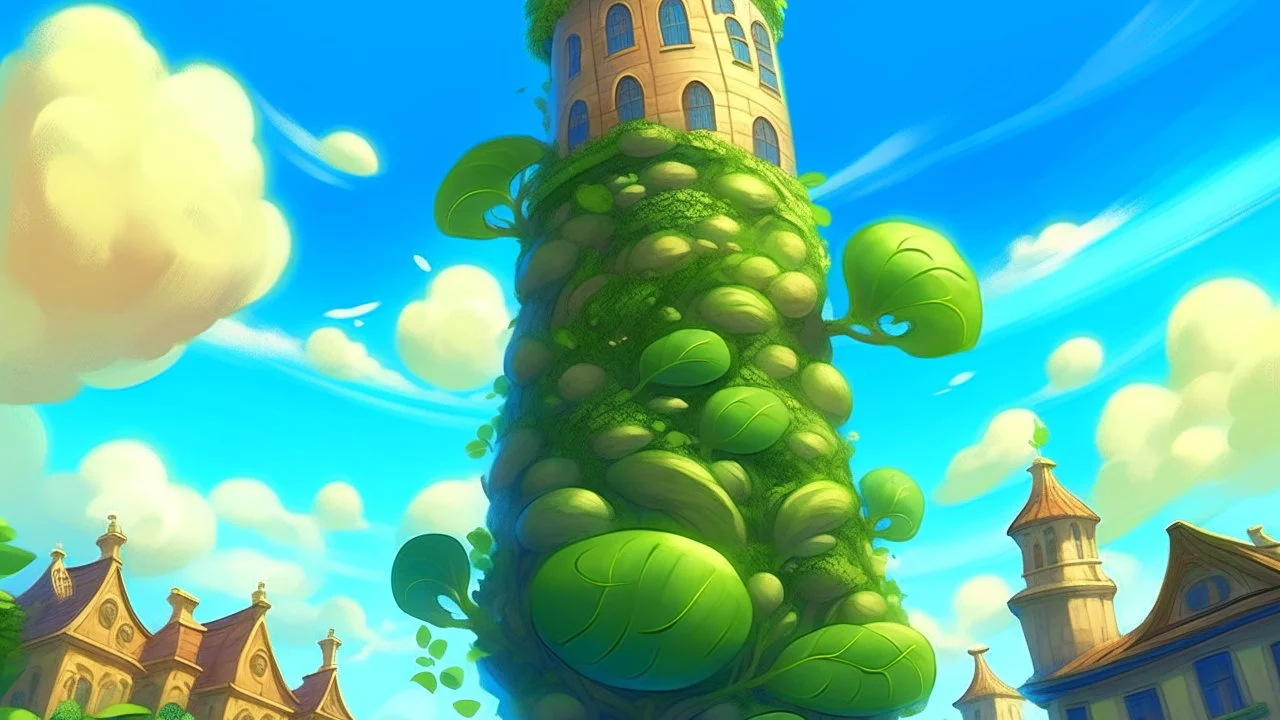 Fantasy digital illustration: huge, tall, colossal beanstalk. The top of the beanstalk is in the sky!