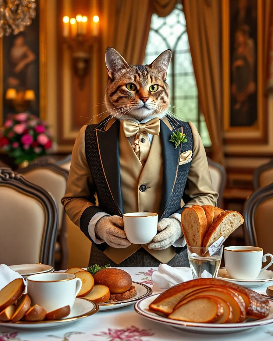 photography a cat wearing luxury suit man victorian, sorrounding standing waiters ready to servant on luxurious breakfast foods,turkey slices,potatoes slices,coffe cup,bread, in royal castel