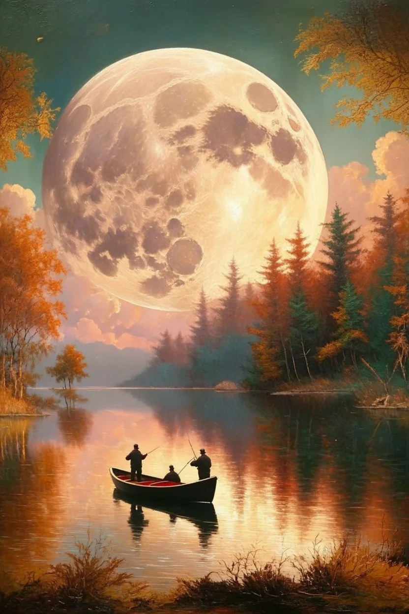 Realistic oil painting of a serene lake with a massive hunters moon in the background, two fishermen in a small boat, intricate details of trees and reflections on the water, by Thomas Moran and Claude Monet, (long shot), warm colors, peaceful atmosphere