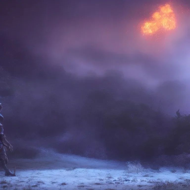 Distant epic scenary. Heavy rain. Epic Lighting in the night sky. Knight with magic scroll in hand. Falling meteorite in the sky. Fireball. Meteorite burning in the distance. Dark, black mud.