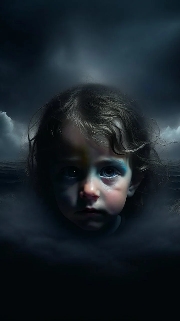 Mourning in dephts of ocean , a halo face of a child a smoky clouds in dark gloomy foggy background with very small dem light