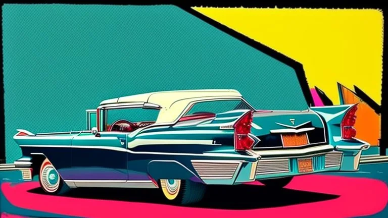 stalking a cadillac eldorado 1959 flammable in colorful palma de mallorca street,pop art,Andy Warhol,Roy Lichtenstein