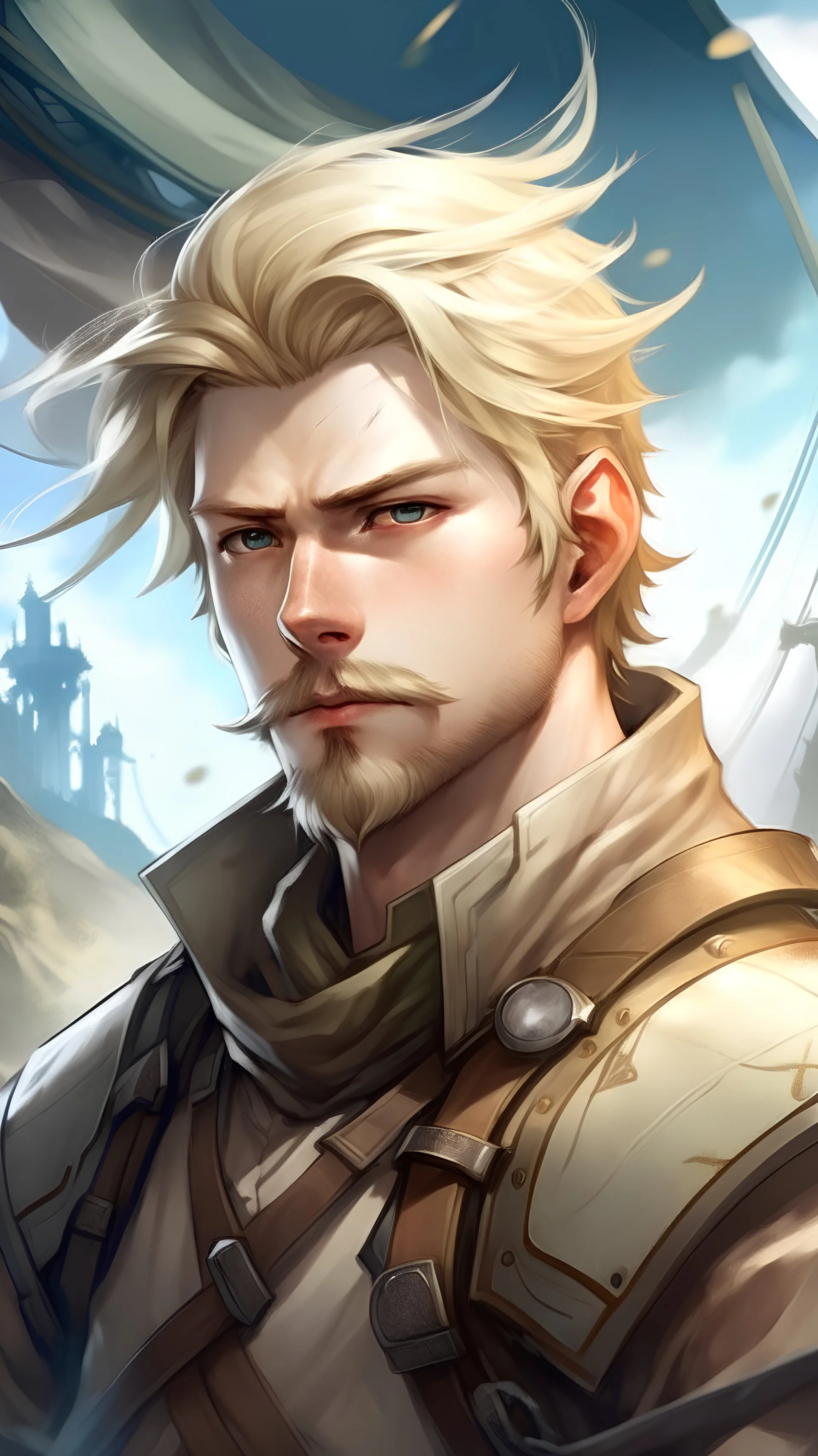 fantasy world, anime, short blond hair man, goatee , 28 years old, war general