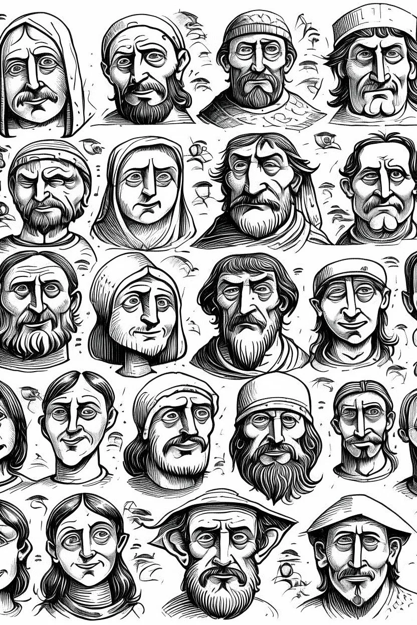 diferent medieval faces of diferent medieval people with diferent expressions, some dramatic, somo happy. the style is minimal black and white stamp. in the sheet there are more than 5. very diverse court memebers and everyday people. man, woman, kids. white background