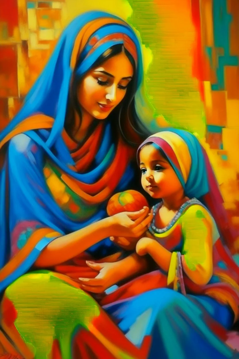 oriental arabic woman with child playing with each other painting colorfull