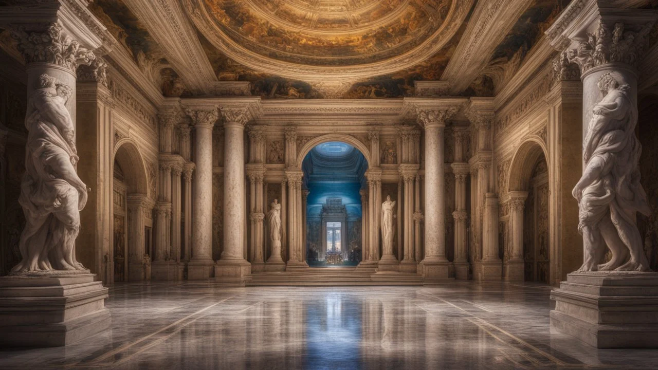 symmetrical view inside a palace in ancient Rome showing rooms, halls, courtyards, sparkling fountains, night, many lights, perfect symmetry, luxury, magnificent, marble statues, coloured pictorial tapestries, paintings, dream world, calm beauty, symmetry, fantasy world, magic, splendor, uplifting, inspiring, therapeutic, chiaroscuro, color, award-winning colour photograph, beautiful composition, exquisite detail, Nikon 135mm