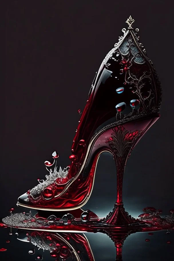 dark fantasy, intricate cover, a whimsical fairytale, shoe made of glass with blood inside and a single drop running over its side