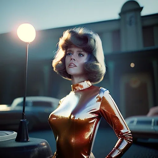 Ultra Realistic retro sci-fi press supermarket image from 1960, many explosions, sweet young Jane Fonda, tight latex suit, weapon, fighting stance, soft color, highly detailed, unreal engine 5, ray tracing, RTX, lumen lighting, ultra detail, volumetric lighting, 3d, finely drawn, high definition, high resolution.