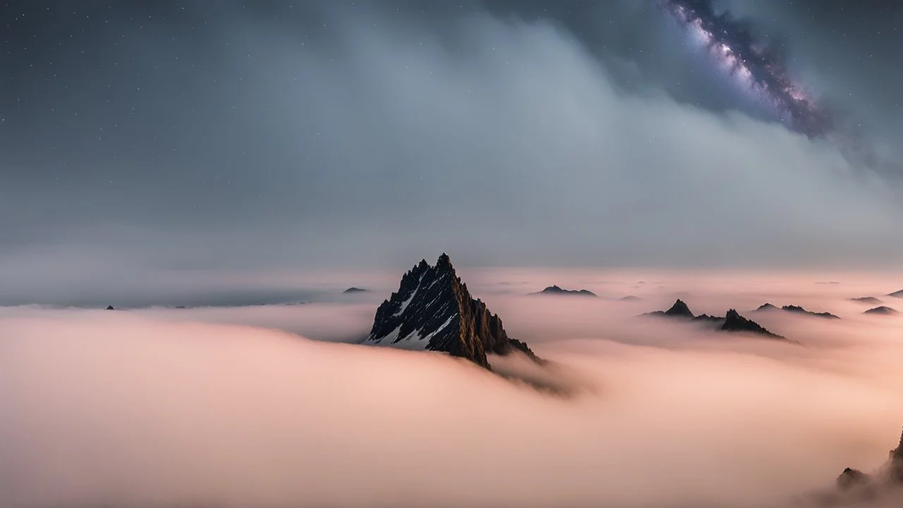 A surreal night-time scene featuring a sharp mountain peak rising through a thick layer of fog. Only one single peak is visible, The mountain's dark, jagged silhouette contrasts against the soft, pastel hues of the fog illuminated by moonlight. Above, the night sky is adorned with countless stars and a segment of the Milky Way, adding a sense of wonder and vastness to the scene. The overall atmosphere is mystical and serene, capturing the beauty of nature in a high-resolution, panoramic view