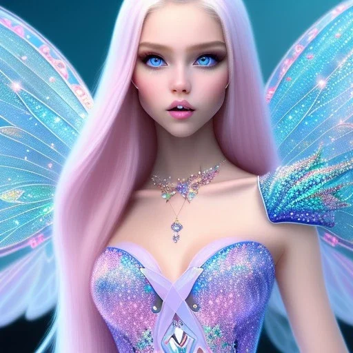  beautiful, soft, whide smile face,whole head, long blonde straight hair, blue eyes, fairy wings on the back, transparent crystal blue and pink clothes, background blue and pink, big definition, 8K