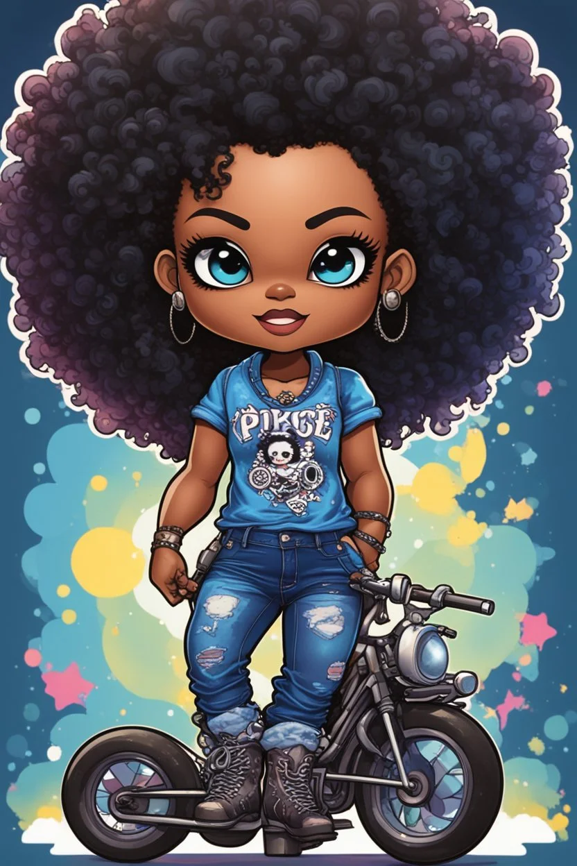 create an pop punk illustration of a chibi cartoon voluptuous black female wearing a blue jean outfit with a tie dye tshirt with biker boots. Prominent make up with hazel eyes. Extremely highly detail of a tight curly black and shiny afro. Background of a bike show