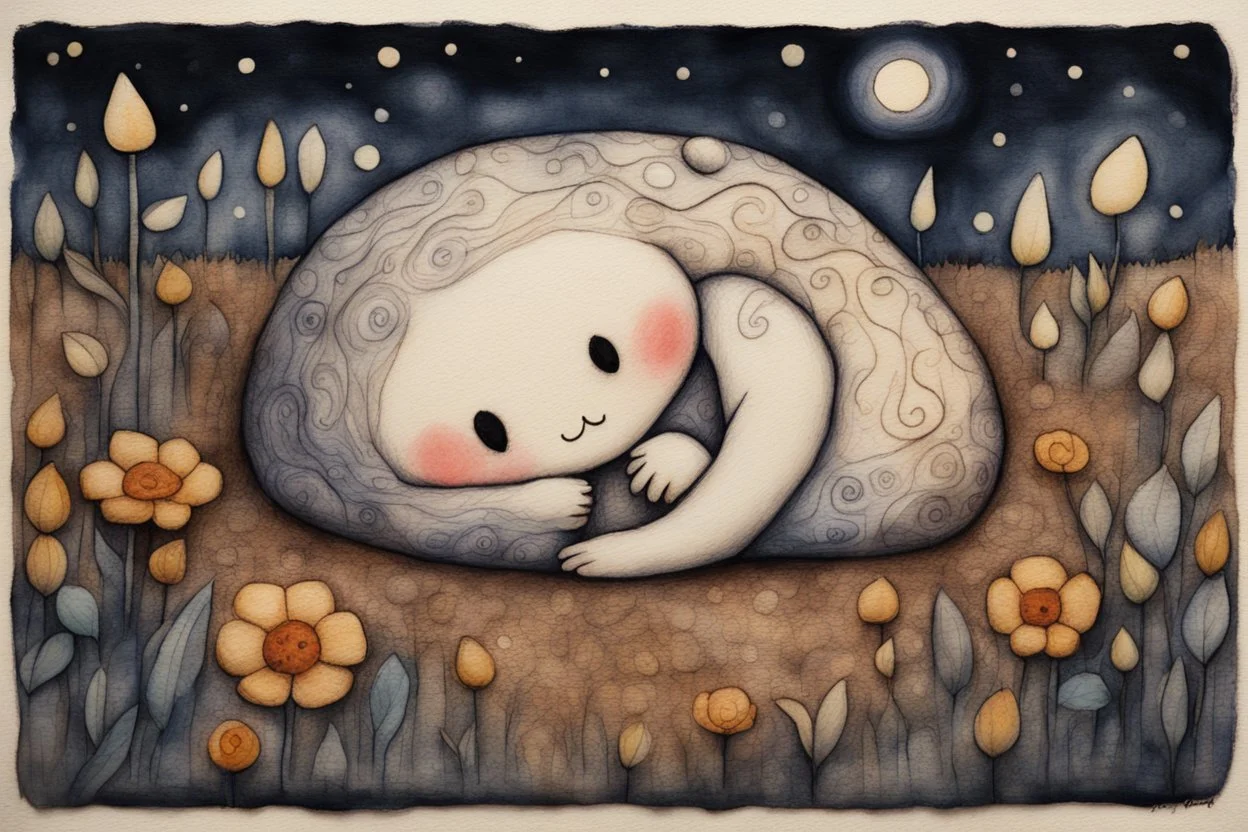 painted and burned burlap, moonlight, cute chibi sleeping animal on a flower bed, styles of Paul Klee Dee Nickerson and Tim Burton, melting watercolor and black ink outlines on wet paper, soft, shading strokes, in candlelight, ethereal, otherwordly, cinematic postprocessing, bokeh, dof