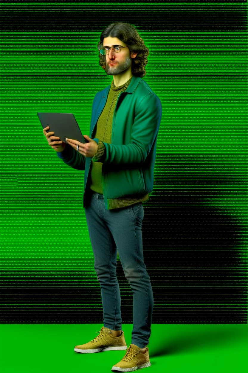 Modern guy, 20s, holding laptop, hand lower, looks like a renaissance painting, "standing forward", full body, green jacket