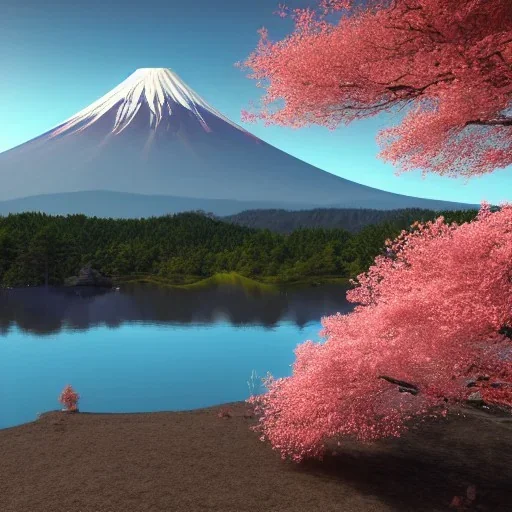 Japanese Fuji Mountain,eruption lava flows into the lake , concept art, smooth, extremely sharp detail, finely tuned detail, ultra high definition, 8 k, unreal engine 5, ultra sharp focus, illustration, magic ambient, bonsai cherry blossom trees , japanese gondolas .