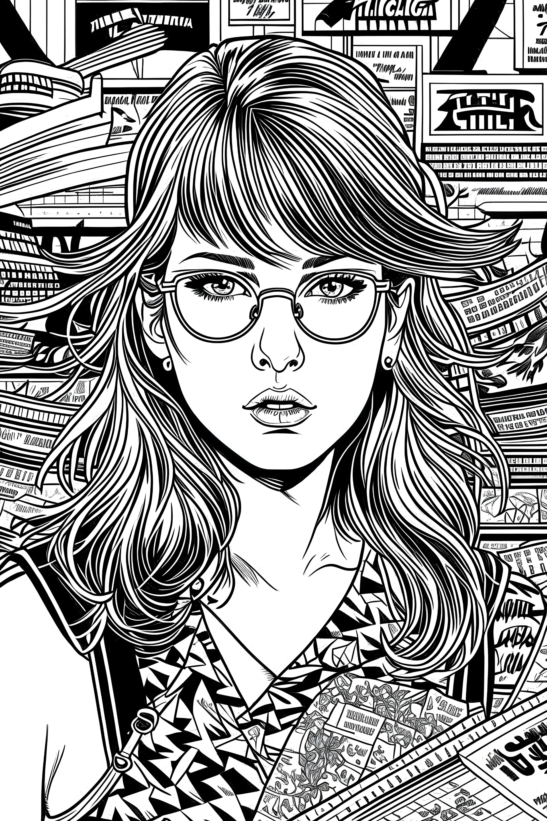 Design a coloring page reflecting Taylor Swift's "Reputation" era, with edgy and confident imagery like sunglasses, snake motifs, and newspaper headlines.