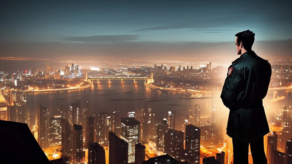 An Englishman in a bomber jacket standing at the top of a tall building looking across a city at night