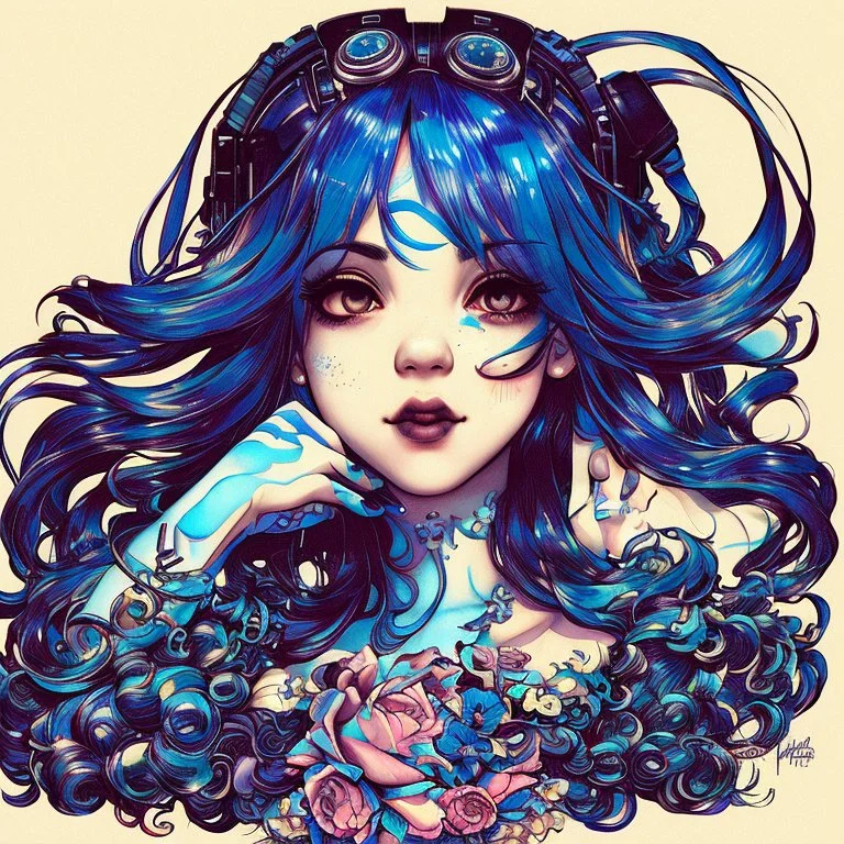 singer Melanie Martinez face, beautiful cyberpunk, hyperdetailed, illustration by Katsushika Hokusai, darkblue tones,