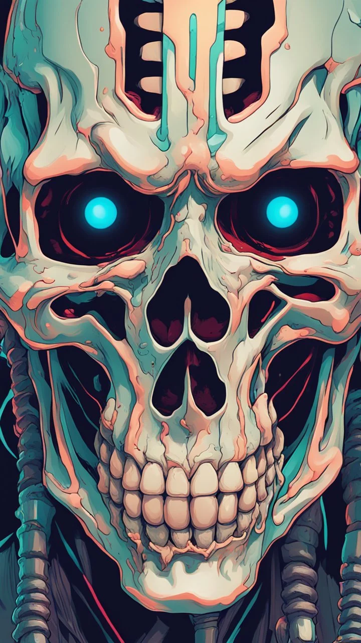 a close up of a person with a skull on their head, anime skull portrait man, scary detailed art in color, hiroyuki-mitsume takahashi, nychos art aesthetic, half man half skeleton, anime cyberpunk art, colored manga art, rossdraws pastel vibrant, hot colors. insanely detailed, beautiful anime portrait, stunning anime face portrait, scary art in color