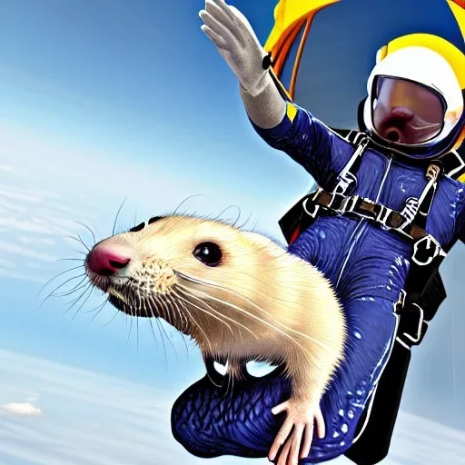 ferret wearing jumpsuit and parachute, skydiving, sunlit sky, intricate, ultra-fine detailed, 8k, detailed matte, high-quality, 3d, realistic, midjourney style