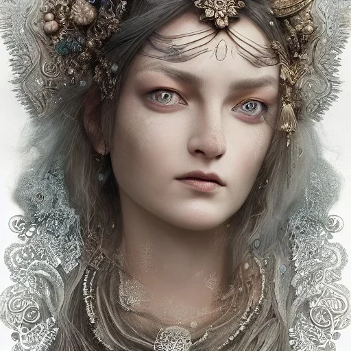 Insanely detailed photograph of an “portrait of gorgeous nordic goddess” with intricate hair, intricate embroidered dress, beautiful clear face and hyperdetailed painting by Ismail Inceoglu Huang Guangjian and Dan Witz CGSociety ZBrush Central fantasy art album cover art,8K, hdr, romantic, mysterious, ominous, snowflakes, jewelry, comfort, natural eyes