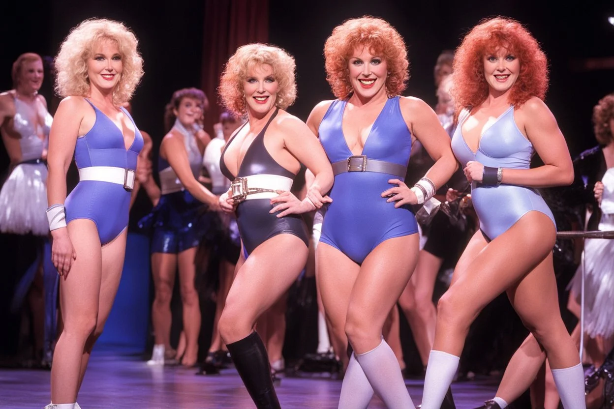 a cabaret ambiance in the 80ties: michelle johnston as curly blonde bebe in blue sports underwear, alyson reed as shorthair redhead cassy in leotard, nicole fosse as brunette kristine in grey leotard and a belt purple