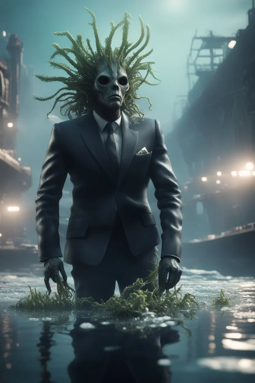 xcom's terror from the deep giger style wesley snipes alien with suit and tie and sea weed crown crawling while hovering over the icy docks in fallout 4 setting, bokeh, downlight, prize winning, depth of field, in the style of ivo caprino