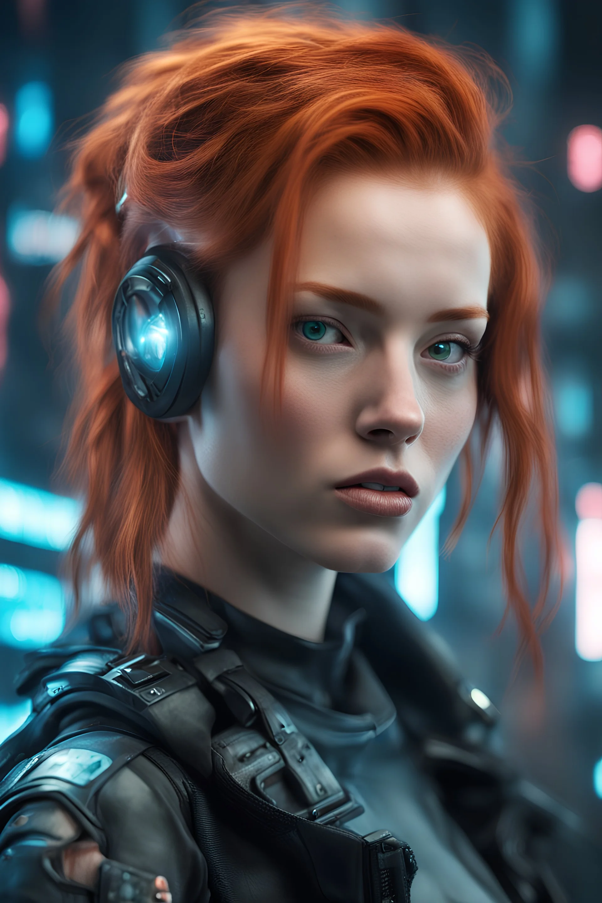 une jeune femme rousse dans l'univers cyberpunk image photo réaliste