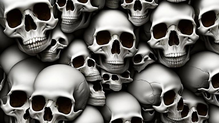 hundreds of anatomically correct, human skulls stacked into a wall unusual neon lighting, high octane, 64k, dystopian, vray, a picture of a dark, comedic, anatomically correct wall of colorful tightly packed skulls of varying sizes and expressions, photo-realistic, insanely meticulous, highly detailed,, 64k, dystopian, vray