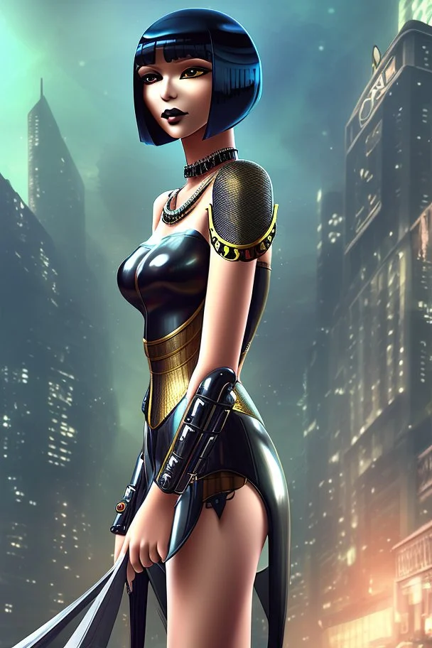 full body picture of a woman with a bob, a fringe hairstyle, Cleopatra clothing futuristic steampunk, city background