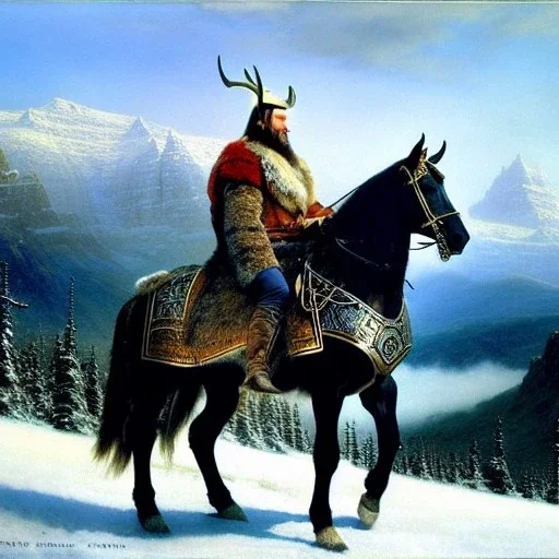 portrait of 'The Northman-Viking King on horse',ancient metal armor,horned helmet,castle,army,mountains, snow, cold, painting by gaston bussiere, greg rutkowski, yoji shinkawa, yoshitaka amano, tsutomu nihei, donato giancola, tim hildebrandt, evan lee,oil on canvas, cinematic composition, extreme detail,fit full head inside picture,16k