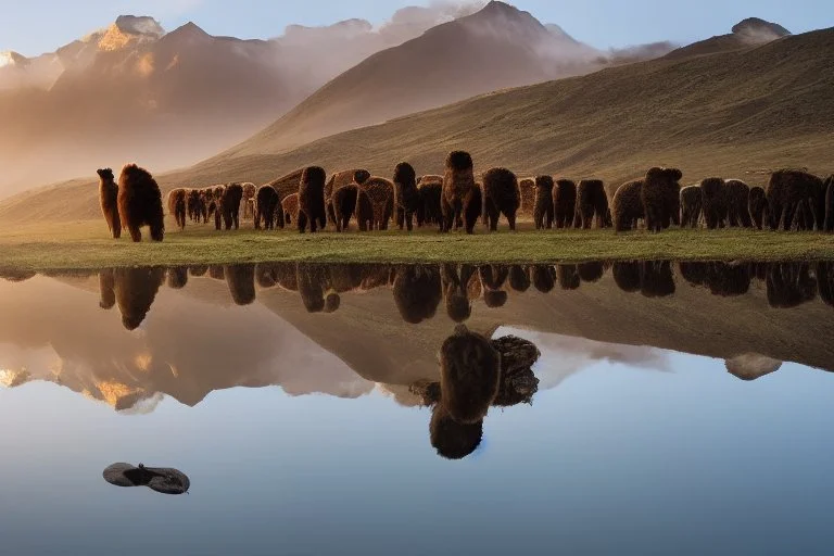 alpacas, peru, mountains, reflection, mist, sunrise