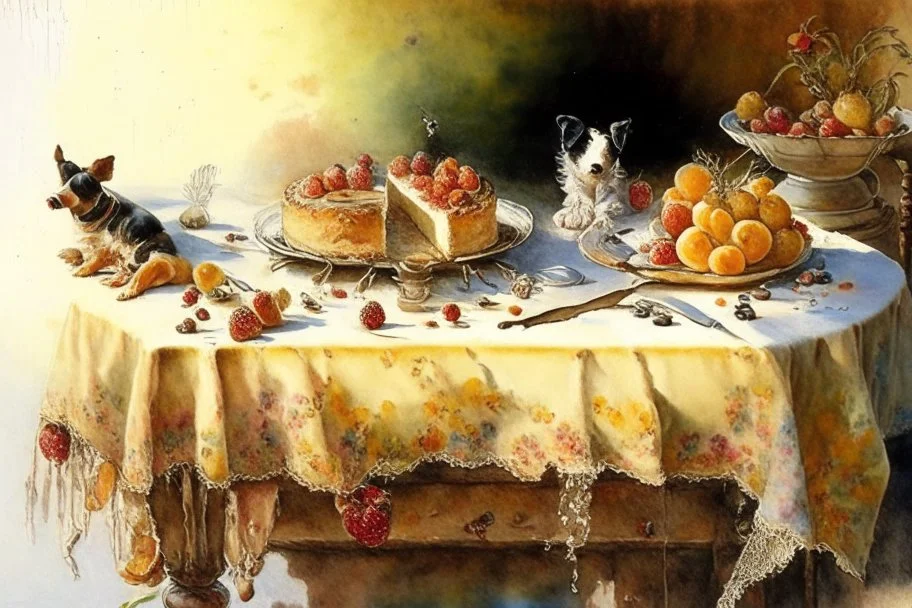 Cake with fruits on a lace tablecloth on a kitchen table, oil on canvas, knife palette, watercolor and ink, dogs, Jean Baptiste Monge, Jacek Yerka in sunshine