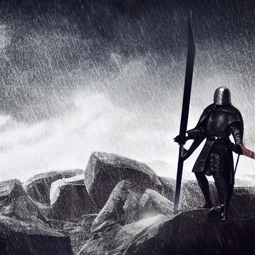 Man standing. Heavy armor. Sword in hand. Dark theme. Medieval castle. Raining cold.