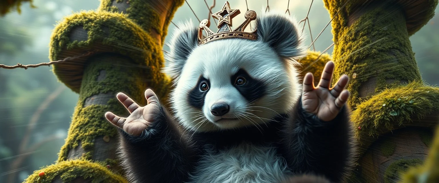 the high speed magical face of a fluffy panda model star yoga with charm and head set in web from mossy tower, master oil painting by Rembrandt and Escher, in his moss covered space ship , brightened edges to give a sense of depth, motion blur