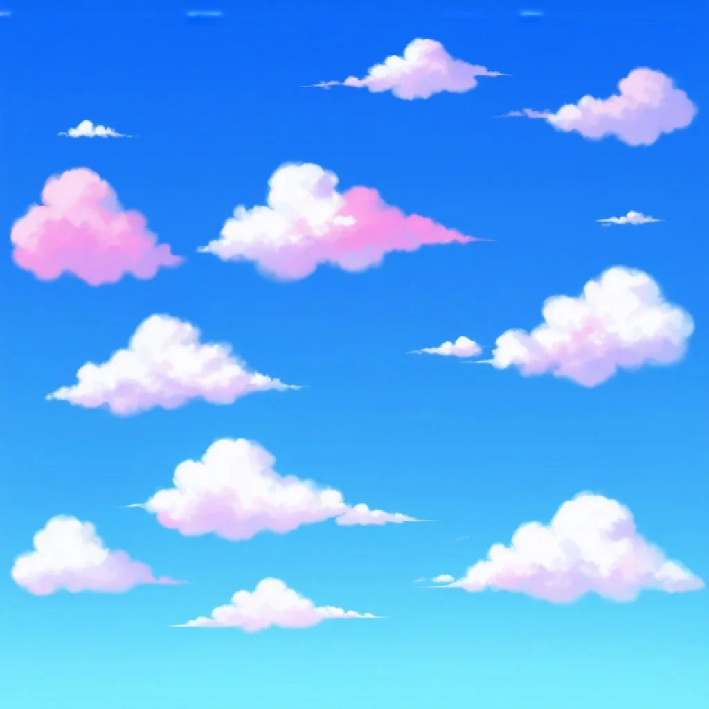 sky blue background with white puffy clouds highlighted with pinks and pastel violet